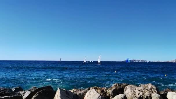 Ondas Salpicando Costa Rochosa Mar Mediterrâneo Praia Prado Marselha França — Vídeo de Stock