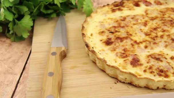 Quiche Lorraine Cooked Wooden Board — Stock Video