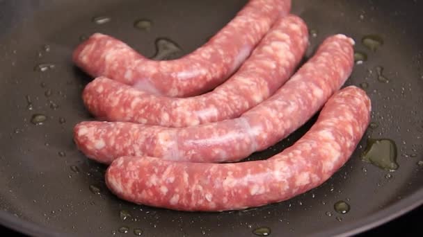 Fresh Sausages Cooking Pan — Stock Video