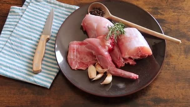 生ウサギの肉にスパイスとハーブを盛りつけて — ストック動画