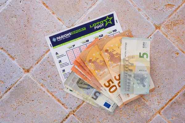 Bilhete Lotaria Notas Moedas Euro — Fotografia de Stock
