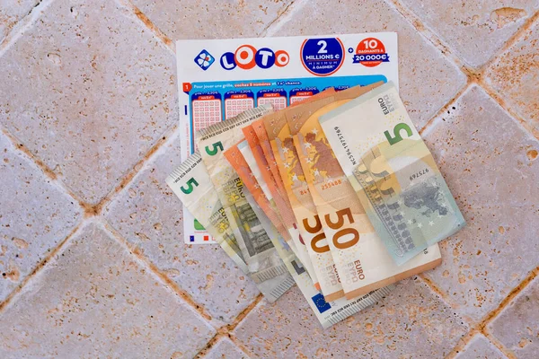Bilhete Lotaria Notas Moedas Euro — Fotografia de Stock