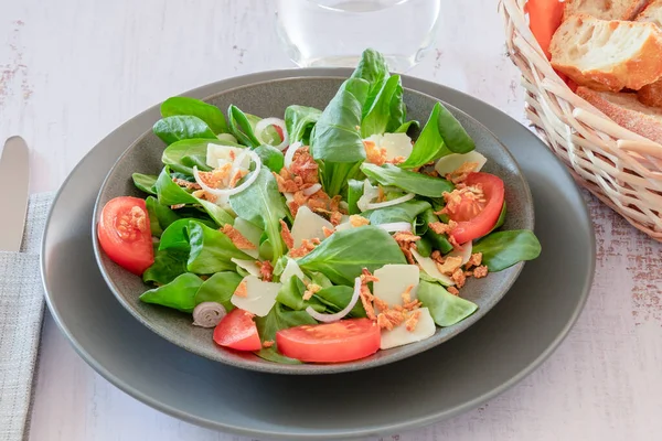 沙拉配新鲜的牛油果 西红柿 生菜和奶酪 健康食品 — 图库照片