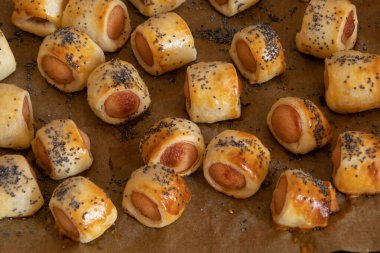 Ahşap arka planda haşhaş tohumlarıyla pişirilmiş sosisli börek.