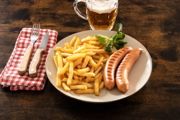 Fried Frankfurters Plate Table Beer — Stock Photo, Image