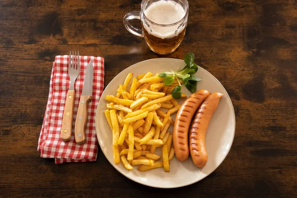 Top View Plate Fries Frankfurters Table Beer — Stock Photo, Image