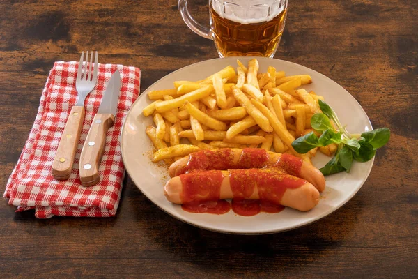 Cervelas Curry Wurst Plate Fries — Stock Photo, Image