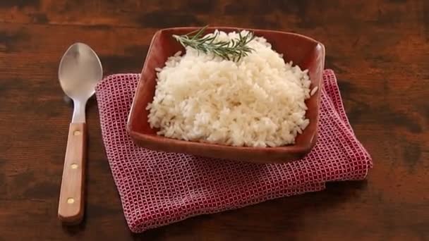 Cooked Rice Bowl Wooden Background — Stock Video