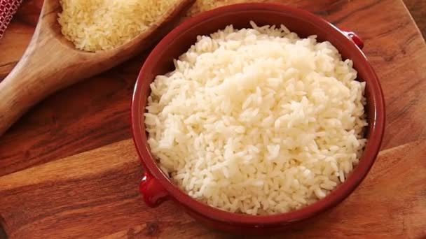 Cooked Rice Bowl Wooden Background — Stock Video