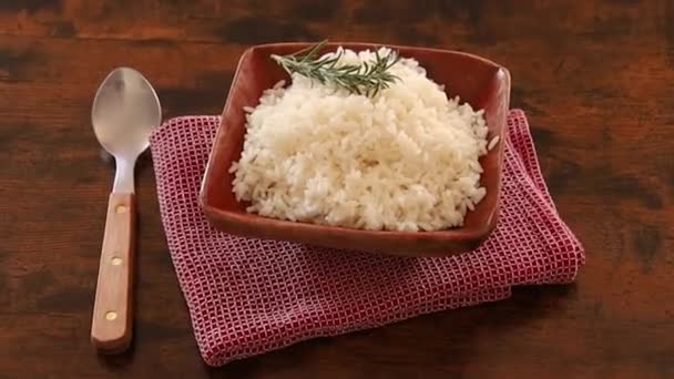 Top View Cooked Rice Bowl Wooden Background — Stock Video