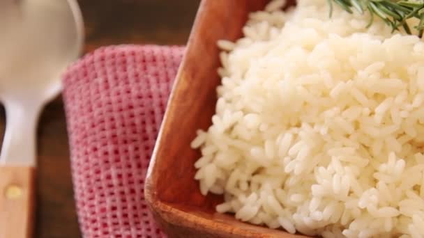 Cooked Rice Bowl Wooden Background — Stock Video