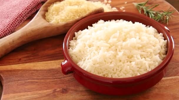 Top View Raw Cooked Rice Bowl Wooden Background — Stock Video