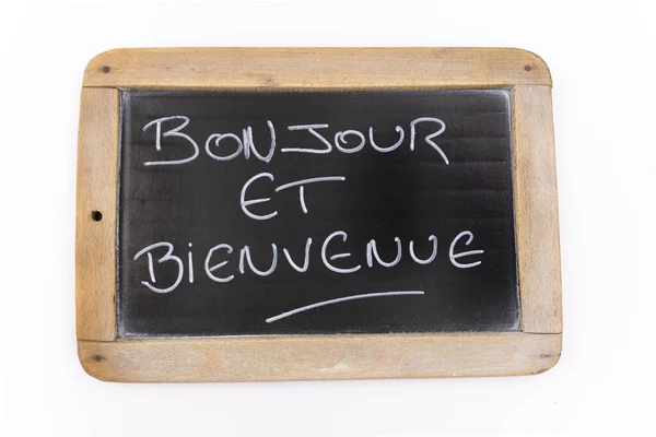 Inscription Hello Welcome French Slate White Background — Stock Photo, Image