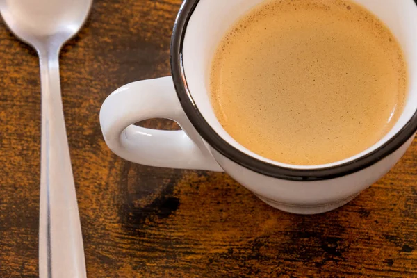 Чашка Кофе Ложка Деревянном Фоне — стоковое фото
