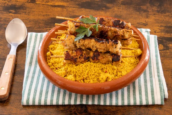 Vista Superior Pincho Pollo Colocado Tabbouleh — Foto de Stock