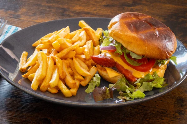 tasty salmon burger with fries on plate in a plate