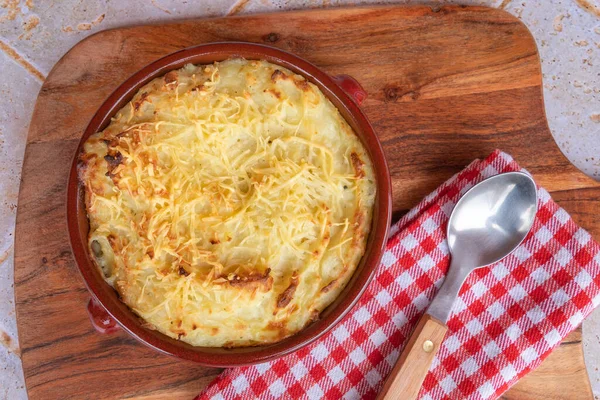 Top View Mashed Potato Gratin Wooden Table — Stock Photo, Image