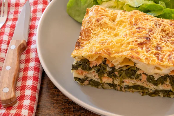 Peynirli ve ıspanaklı fırında somon lazanyası.