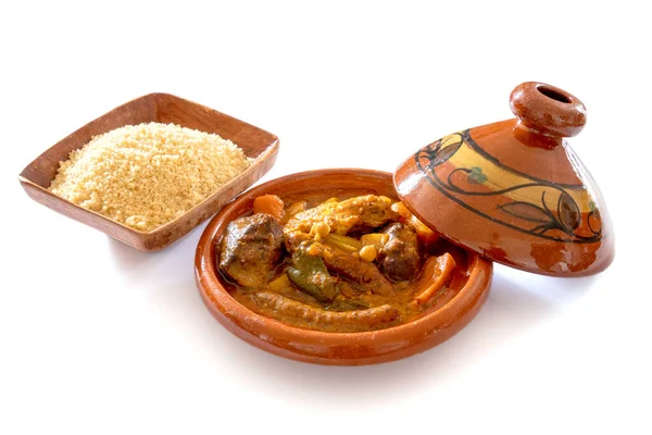 Royal Couscous Einer Tajine Mit Einer Schüssel Grieß Isoliert Auf — Stockfoto