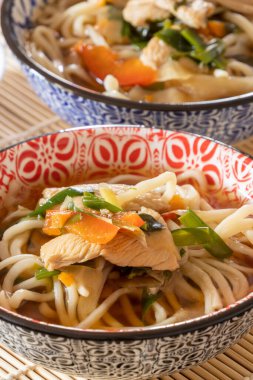 Tavuk ve sebzeli Tayland usulü şehriye çorbası, sağlıklı yemek.