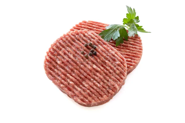 Rohe Hackfleischschnitzel Für Burger Isoliert Auf Weißem Hintergrund — Stockfoto
