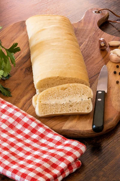 Homemade Italian Bread Garlic Parsley Wooden Table — Foto Stock