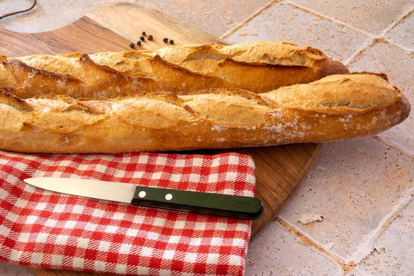 Top View Baguette Bread Wooden Board — Stock fotografie