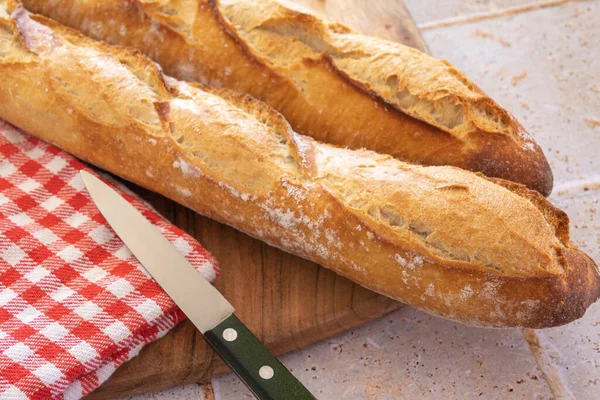 Close Baguette Bread Wooden Board — Stock Photo, Image