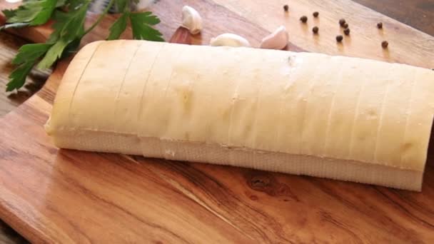 Bread Topped Garlic Wooden Board — Stock Video