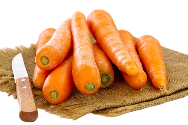 Pile Raw Carrots Burlap White Background — Photo