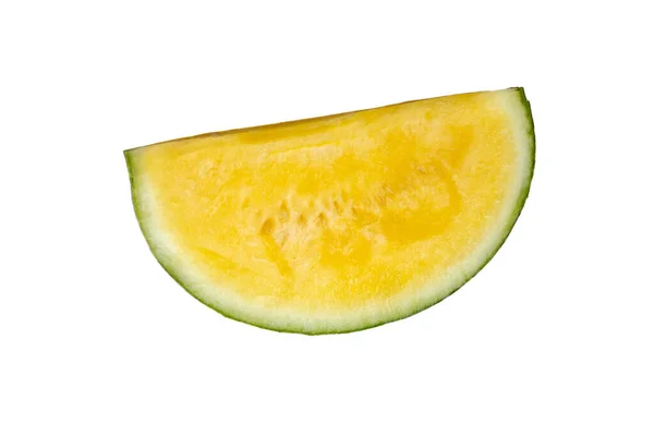 Skiva Färska Mogna Gula Vattenmelon Isolerad Vit Bakgrund — Stockfoto