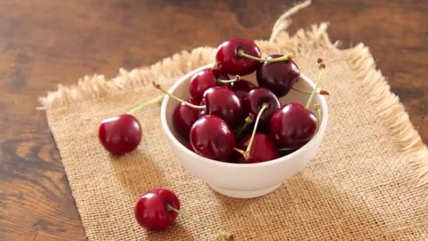 Fresh Ripe Cherries Bowl Wooden Background — Stock Video