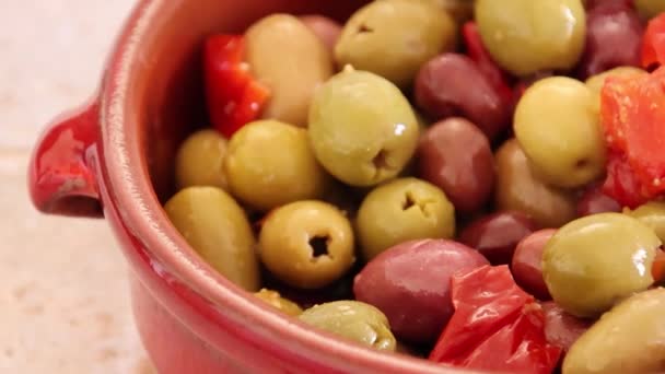 Assortment Marinated Olives Dish — Stock Video