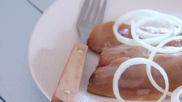 Filet Hareng Avec Oignon Sur Une Assiette — Video