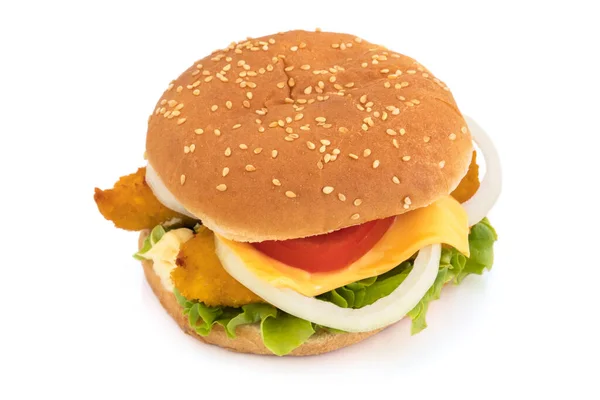 Smażony Hamburger Kurczaka Izolowany Białym Tle — Zdjęcie stockowe