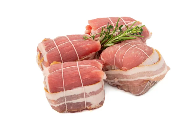 Raw Pork Rolls Rosemary Isolated White — Stock Photo, Image