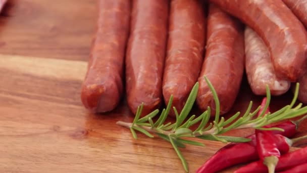 Close Merguez Sausages Wooden Board — Vídeos de Stock