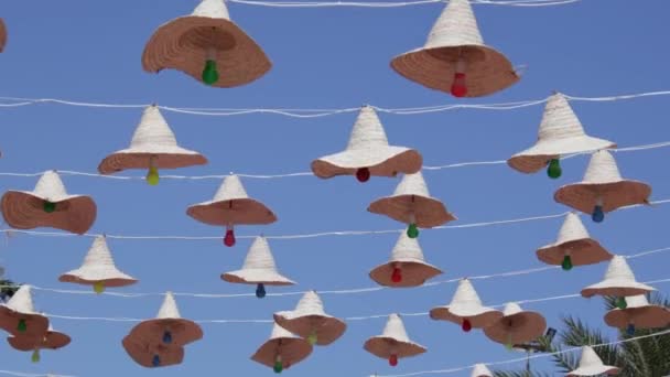 Hats Decoration Hanging Ropes Blue Sky — Stockvideo