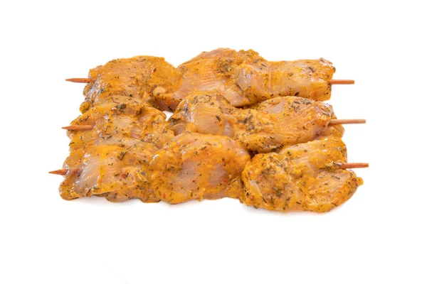 Raw Marinated Chicken Skewers Isolated White Background — 图库照片