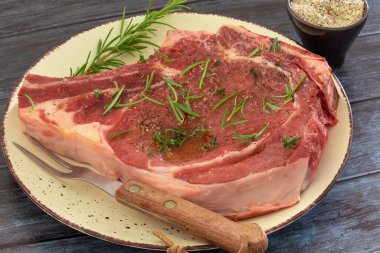 raw beef steak with spices and herbs on plate