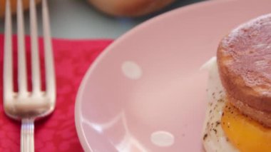 close up of delicious sandwich with fried egg and cheese 