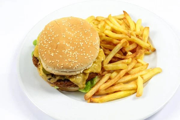 Kızarmış patates ve peynirli hamburger.