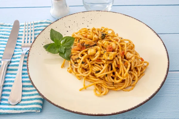 Plate Spaghetti Seafood Close — Stock Photo, Image