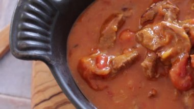 close-up beef goulash in a dish