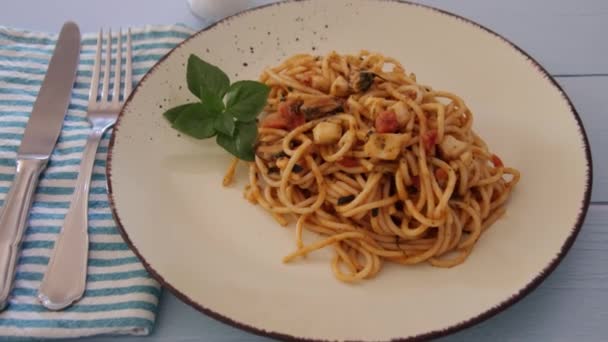 Plate Spaghetti Seafood Close — Vídeos de Stock