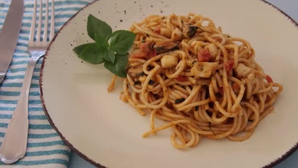 Тарілка Спагетті Морепродуктами Крупним Планом — стокове відео