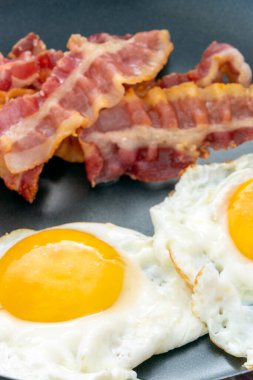 fried eggs, bacon in a frying pan
