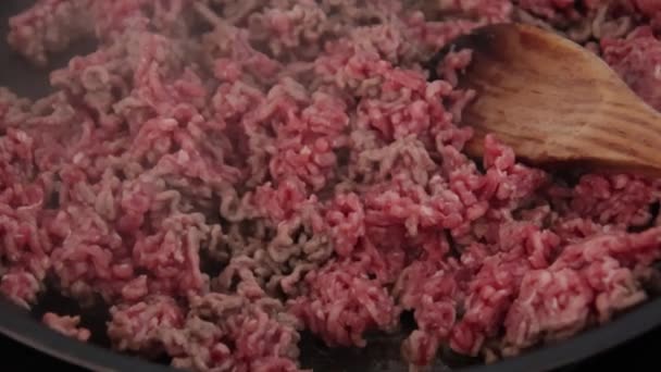 Rohes Hackfleisch Mit Kräutern Und Gewürzen Zum Kochen Bereit — Stockvideo