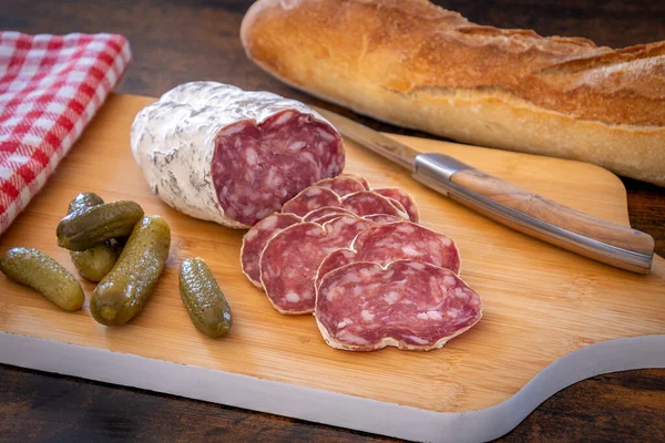 Sliced Dry Sausage Bread Cheese Pickles — Foto Stock