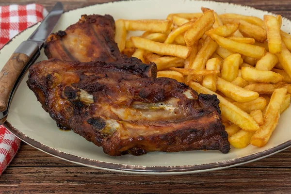 Grilled Pork Ribs French Fries — Stock Photo, Image
